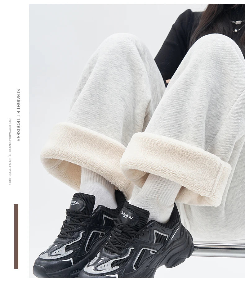Gray Lamb Velvet Sport Pants Women's High Waist Drapey Fleece Wide Leg Casual Small Size Thickened Cotton Pants