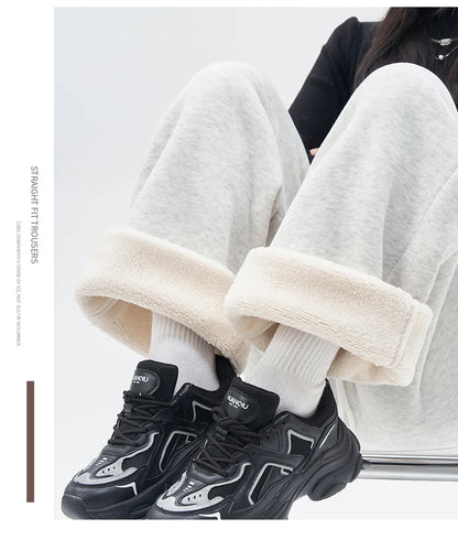Gray Lamb Velvet Sport Pants Women's High Waist Drapey Fleece Wide Leg Casual Small Size Thickened Cotton Pants