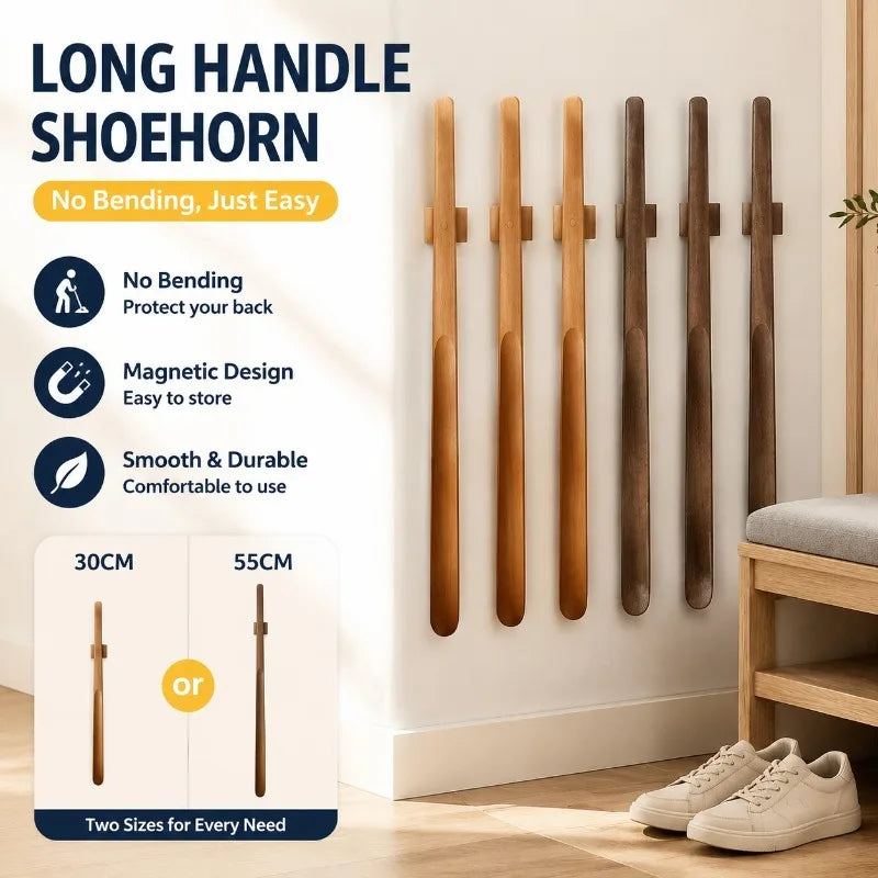 Long Magnetic Shoehorn 55cm Wooden Handle No-Bend Flexible Shoe Lifter for Elderly Pregnant Women