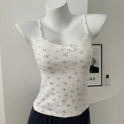 Bow Floral Eyelet Lace Trim Tank Tops Women Summer Cotton Sleeveless Slim Camisole Girls Sweet Cute Preppy Style Crop Top Y2K