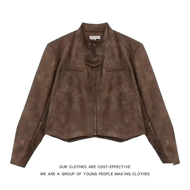 American Retro Street Motorcycle Leather Jacket Men's Trendy Brand Handsome Small Shoulder Pad Stand Collar Marrow Jacket Coat