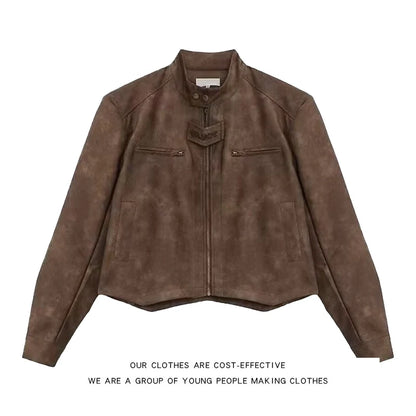 American Retro Street Motorcycle Leather Jacket Men's Trendy Brand Handsome Small Shoulder Pad Stand Collar Marrow Jacket Coat