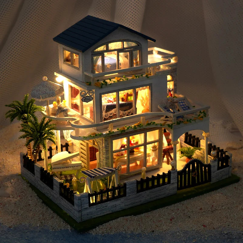 NEW DIY Wooden Mini Seaside Villa Miniature Building Kits Doll Houses With Furniture Casa Dollhouses for Friends Birthday Gifts