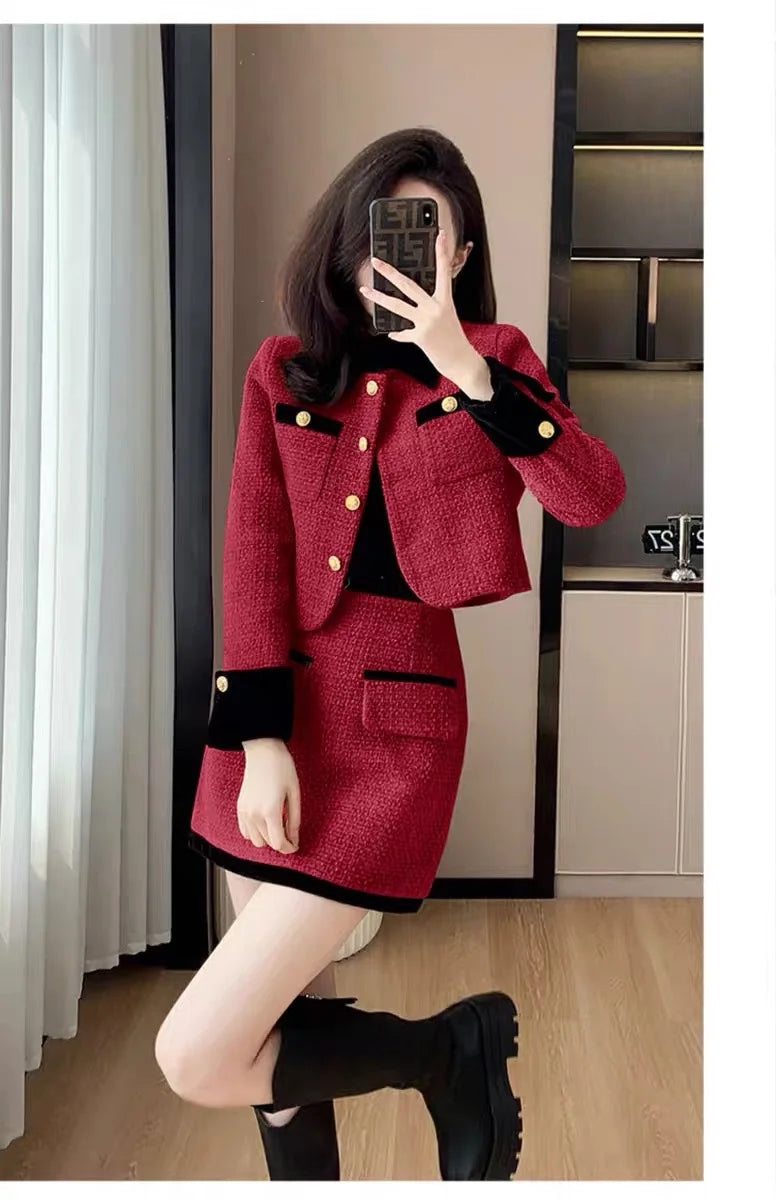 High-End  Style Women's Outerwear Set Autumn Winter New Design High Waist  Skirt Two-Piece Suit Fashionable And Warm