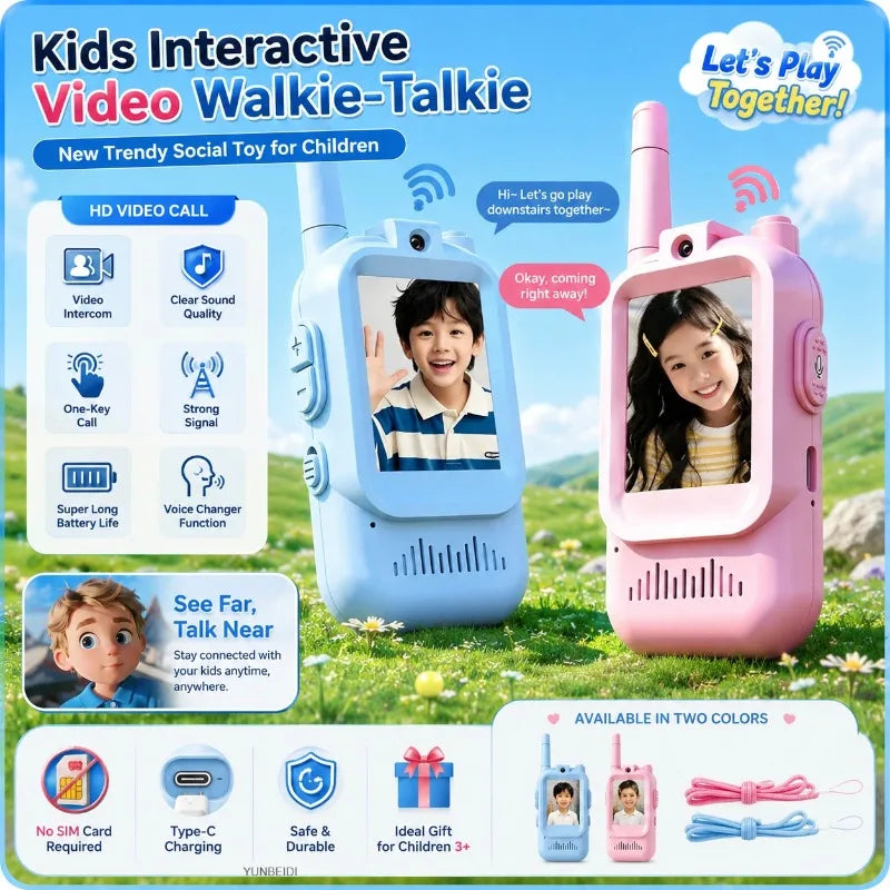 2PCS Kids Video Walkie Talkies HD Video Call Type-C Charging Intercom Toys No SIM Card Indoor Birthday Gift for Boys Girls Age3+