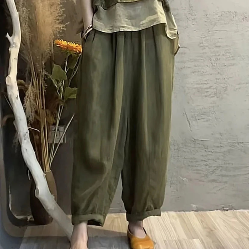 Faionable Cotton Linen Set Women's Summer New Print Patchwork Fake Two-Piece Top Harlan Pants Slimming Two-Piece Set