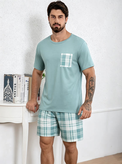 Men's Stylish Pajama 2Pcs pajama Set Short Sleeve And Plaid Shorts Comfortable Soft Sleepware Loungewear Can Be Worn Outside Pjs