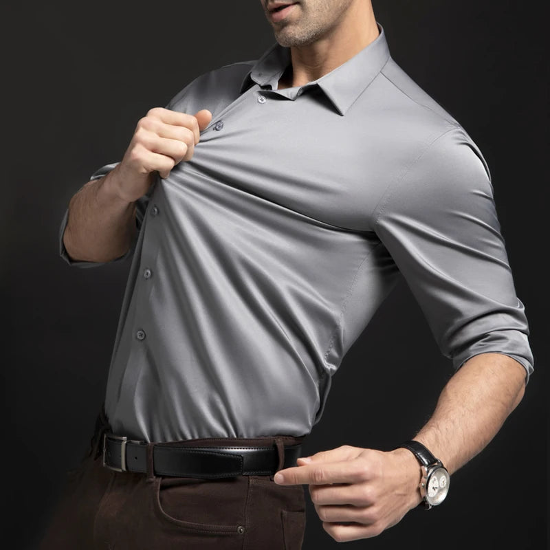 New elastic long sleeved shirt for men's fashion, business, leisure, solid color  non ironing, professional men's white shirt