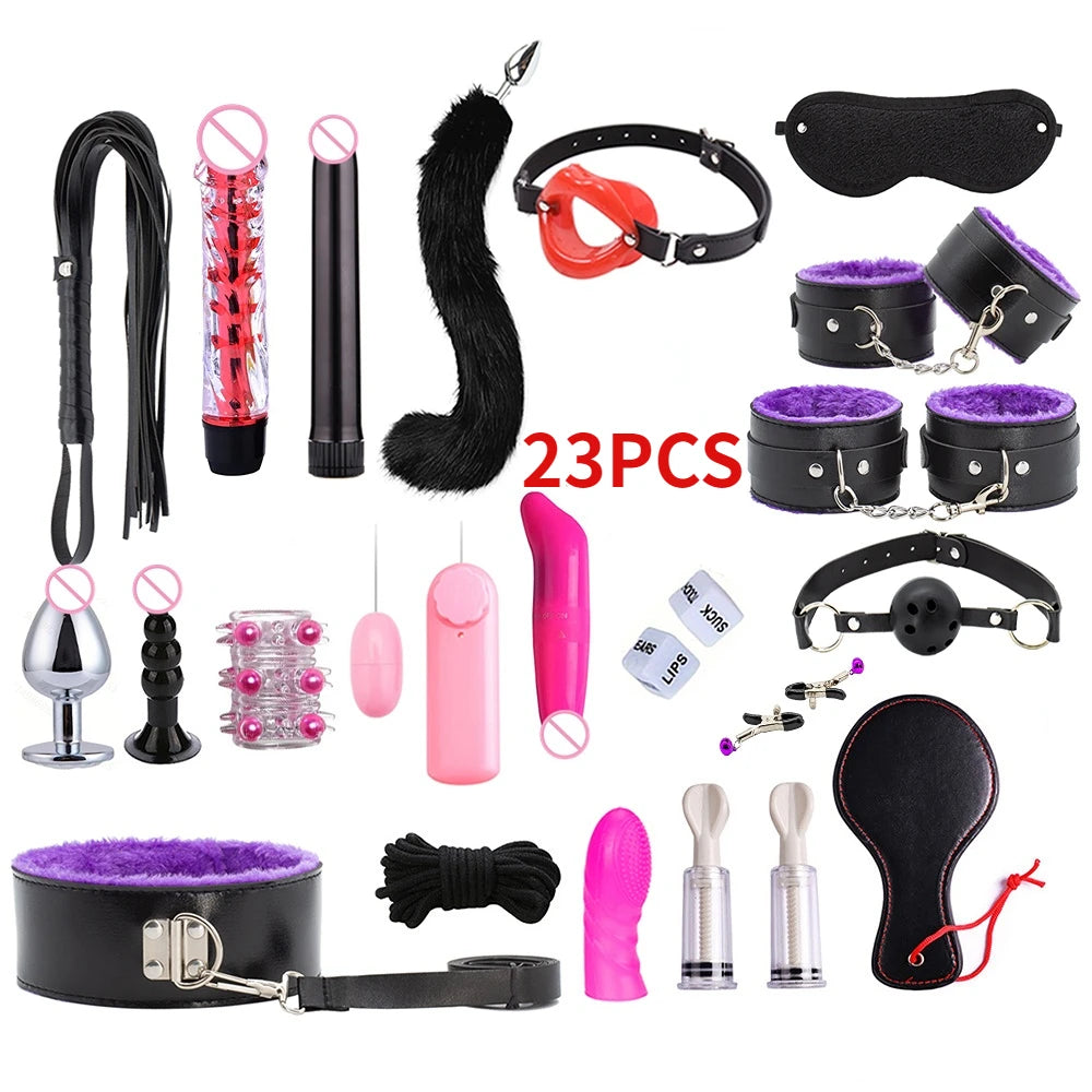 Erotic Sex Toys For Women Adults Games Nylon Bondage BDSM Kits Handcuffs Sex Whip Mouth Gag Rabbit Tail Anal Plug