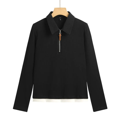 False Two-piece Design Polo Collar Shirt Women's Long Sleeve Cotton T-Shirt Solid Color Business Casual Blend Top Fashion Style