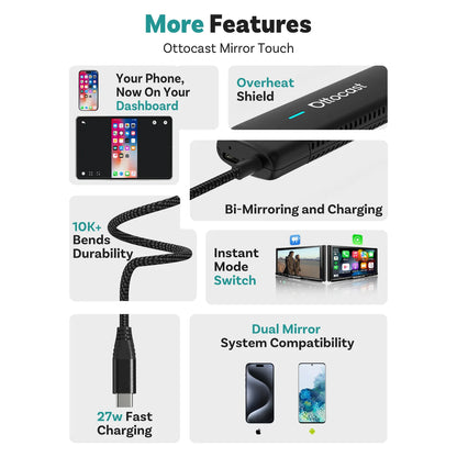 Ottocast Mirror Touch Wireless CarPlay Adapter Bi-Directional Control Dongle for iOS & Android Video Box For Benz Audi Toyota VW