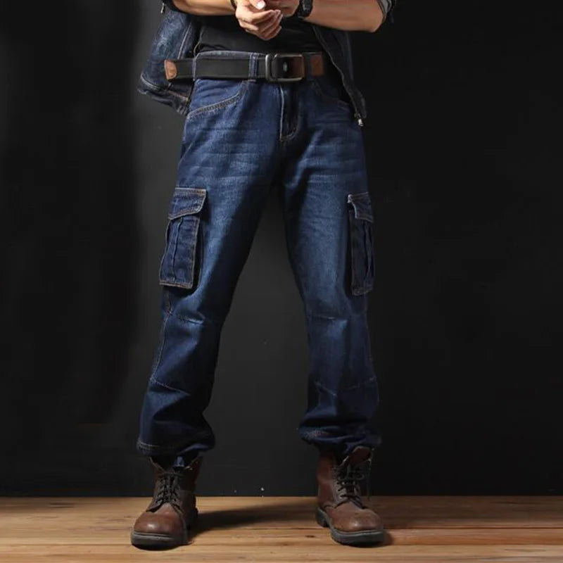 Mcikkny Fashion Men's Cargo Jean Pants With Multi-pockets Loose Style Motorcycle Denim Trousers For Male Washed Size 29-44