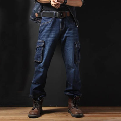 Mcikkny Fashion Men's Cargo Jean Pants With Multi-pockets Loose Style Motorcycle Denim Trousers For Male Washed Size 29-44