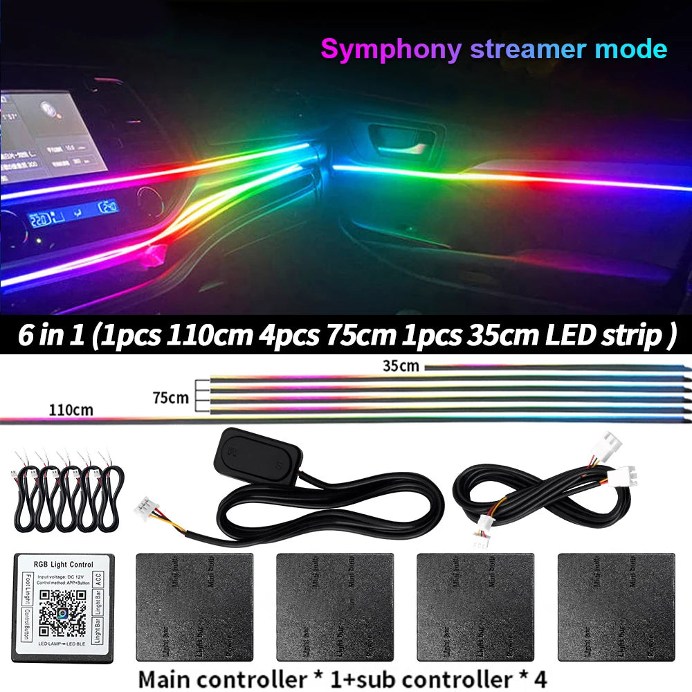 Symphony Car Ambient Light RGBIC Interior LED Strip Acrylic 213Color Neon Streamer Atmosphere Lamp 6/10/14/18/22 in 1 12V By App
