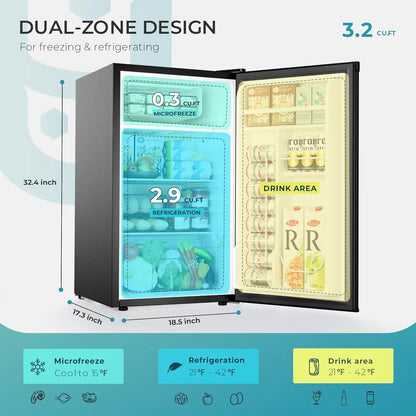 3.2 Cu.Ft Mini Fridge with Freezer, Single Door Compact Refrigerator, Adjustable Thermostat, Mini