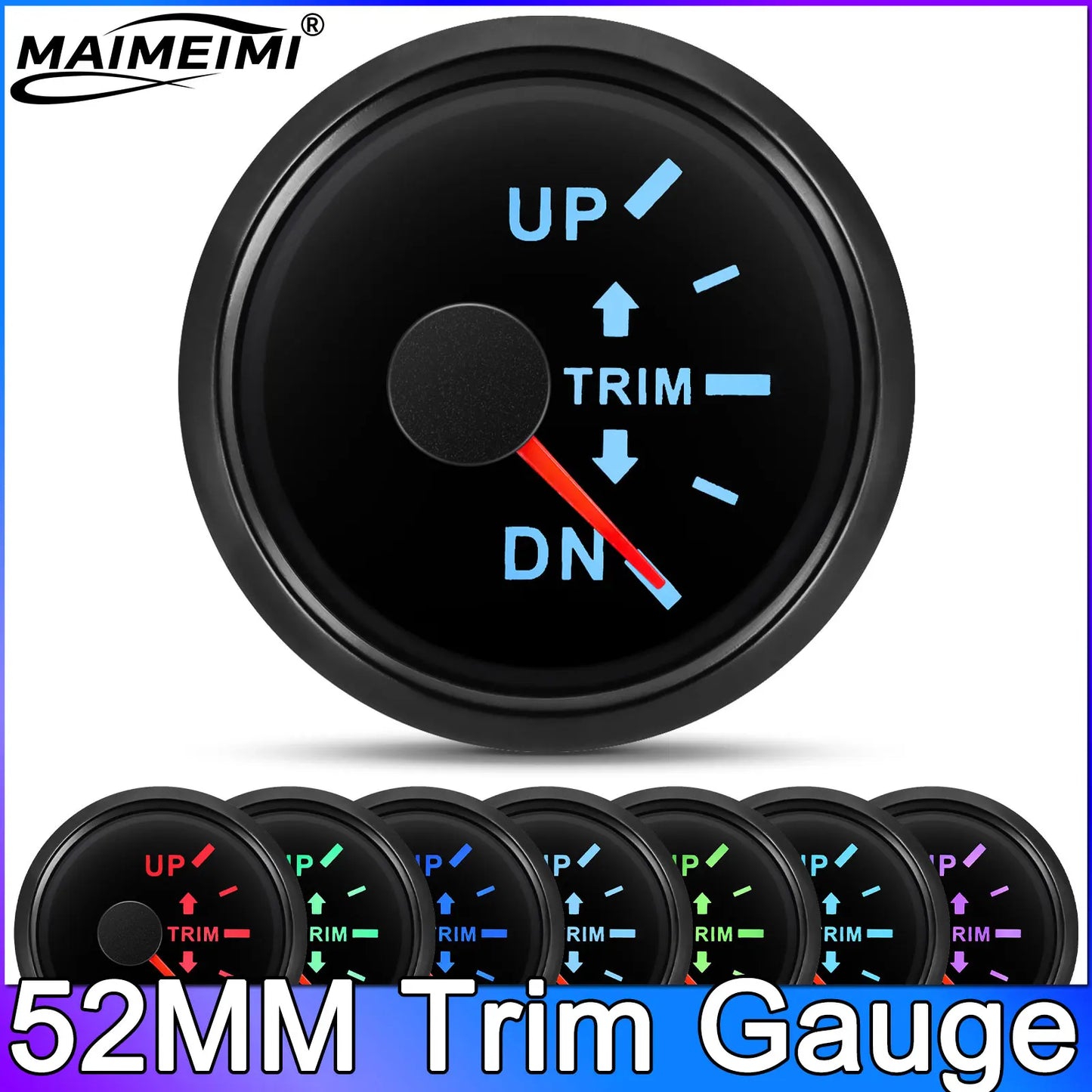 52mm  Trim Gauge Up To Down for Inboard Outboard Engine Boat Marine Trim Tilt Indicator Meter 0-190 Ohm 7 Color Backlight