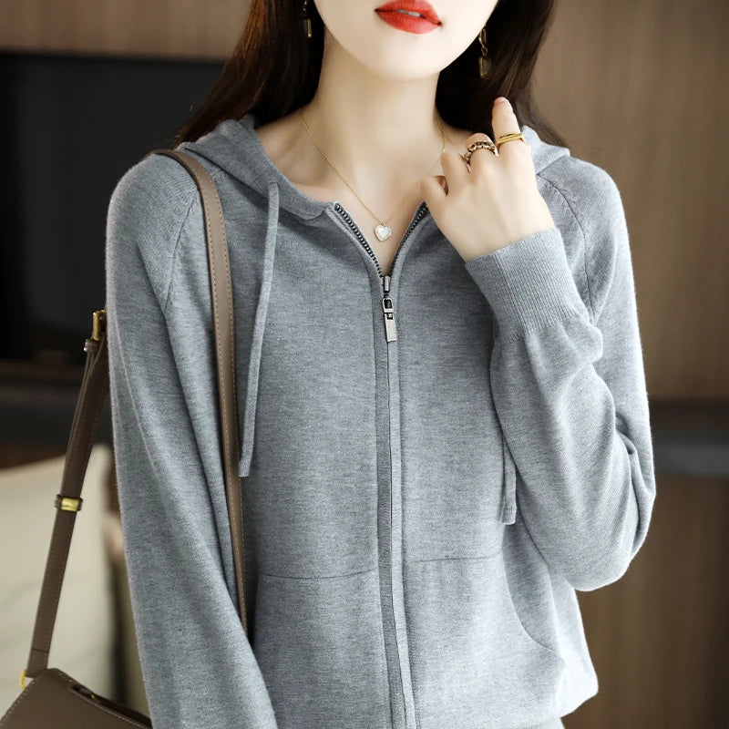 Explosions Women's Hooded Padded Long-Sleeved Sweater Cardigan Sweater Coat Beige Loose Zipper Coat Jacket