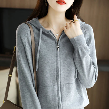 Explosions Women's Hooded Padded Long-Sleeved Sweater Cardigan Sweater Coat Beige Loose Zipper Coat Jacket