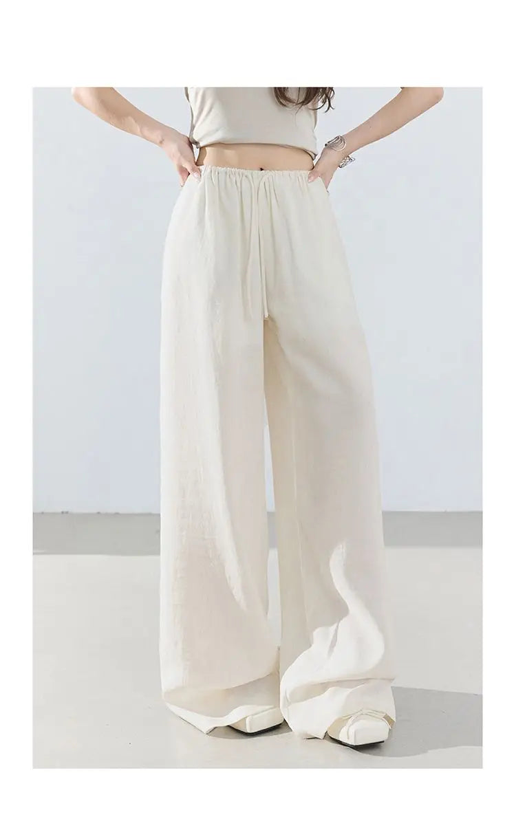 Loose wide-leg pants, classic style, drapey floor-length with drawstring, versatile thin linen straight casual pants for women