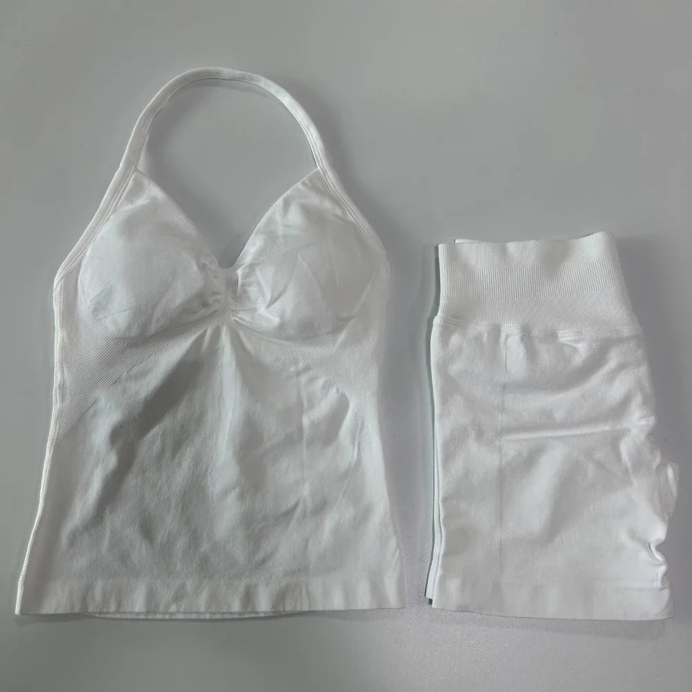 2 Pieces Sports Set Women Backless Tank Yoga Tops High Waist Scrunch Seamless Shorts Sport Gym Set Sportswear Workout Set