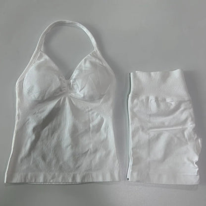2 Pieces Sports Set Women Backless Tank Yoga Tops High Waist Scrunch Seamless Shorts Sport Gym Set Sportswear Workout Set