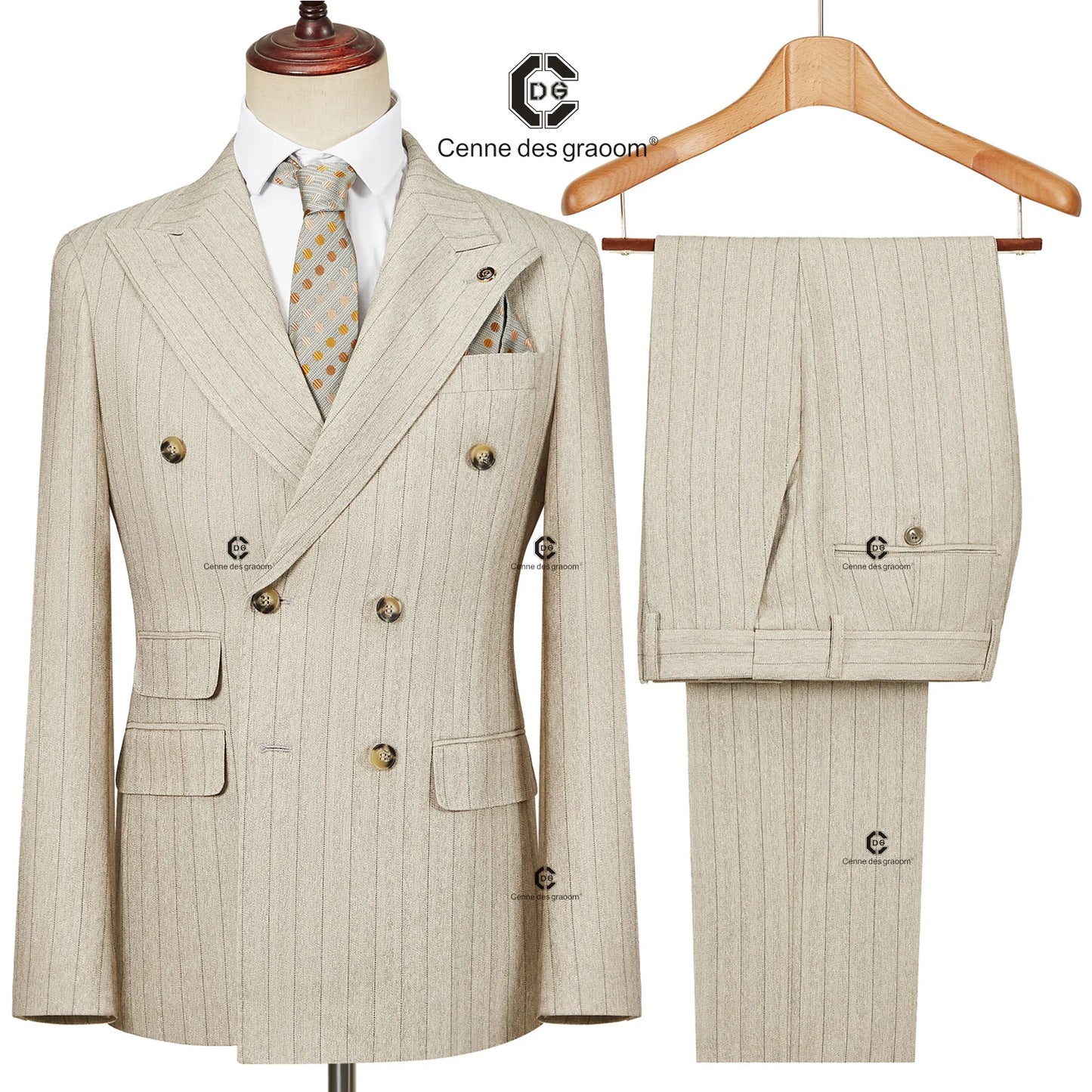Cenne Des Graoom 2024 Double-Breasted Khaki Stripe Suits for Men Tailor-Made 2 Piece Set Jacket Pants Business Meeting Wedding