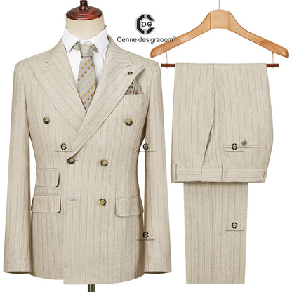 Cenne Des Graoom 2024 Double-Breasted Khaki Stripe Suits for Men Tailor-Made 2 Piece Set Jacket Pants Business Meeting Wedding