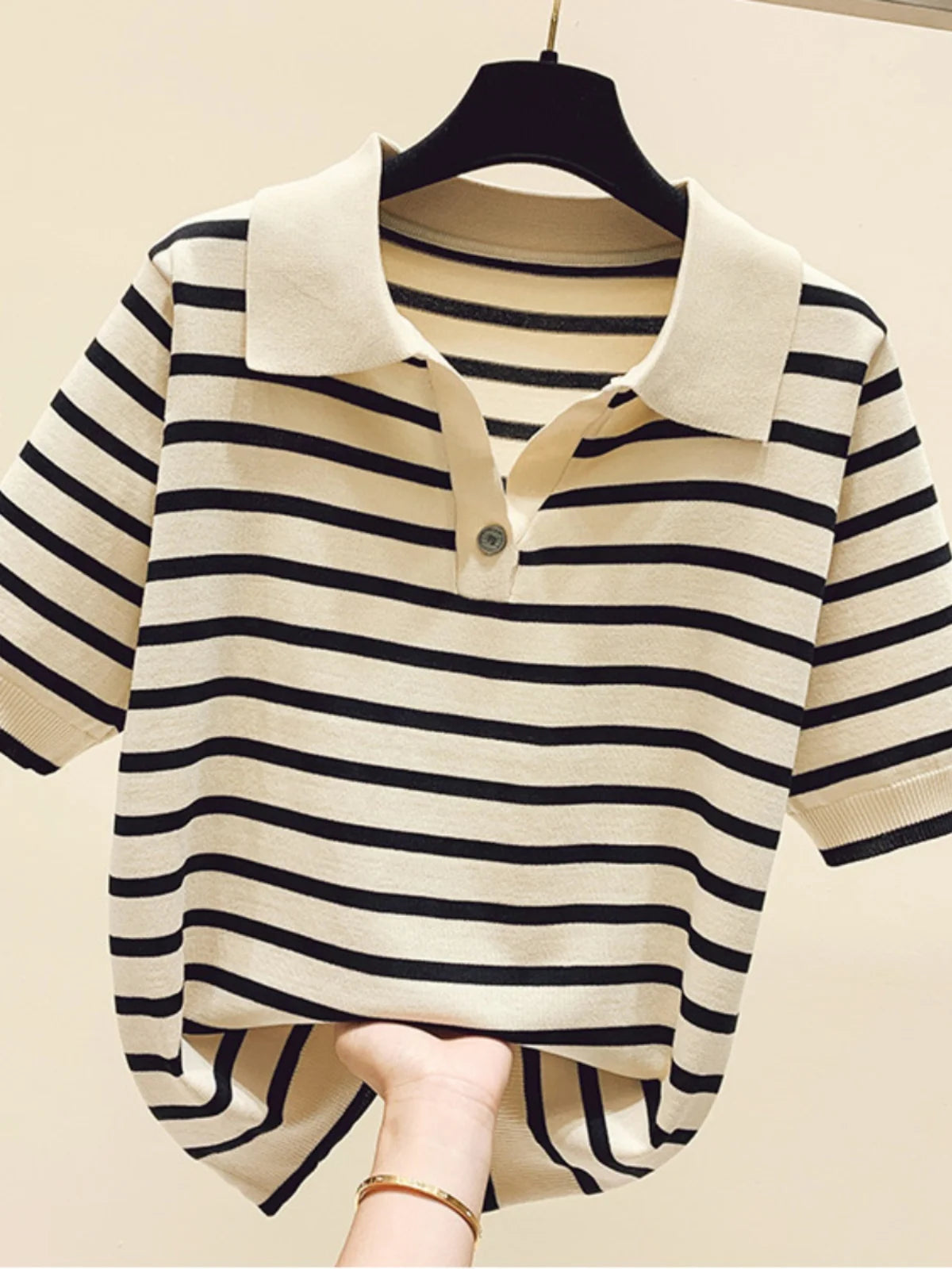 Loose Fit Ice Silk Knitted Short Sleeve T-Shirt Women's Summer Button up Top Slimming Striped  Neck Design plus Size