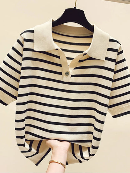 Loose Fit Ice Silk Knitted Short Sleeve T-Shirt Women's Summer Button up Top Slimming Striped  Neck Design plus Size