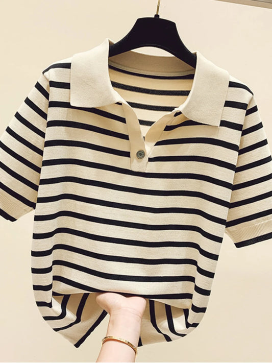 Loose Fit Ice Silk Knitted Short Sleeve T-Shirt Women's Summer Button up Top Slimming Striped  Neck Design plus Size