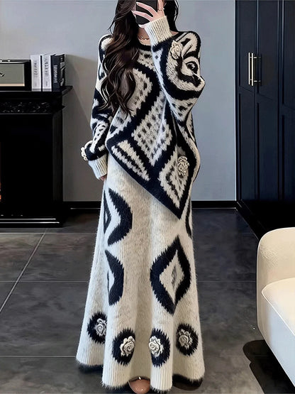 Soft Knitted Set Women's Winter Sweater  Skirt Two-Piece Set Elegant Unique Beautiful Whole Set Fashionable Fre...