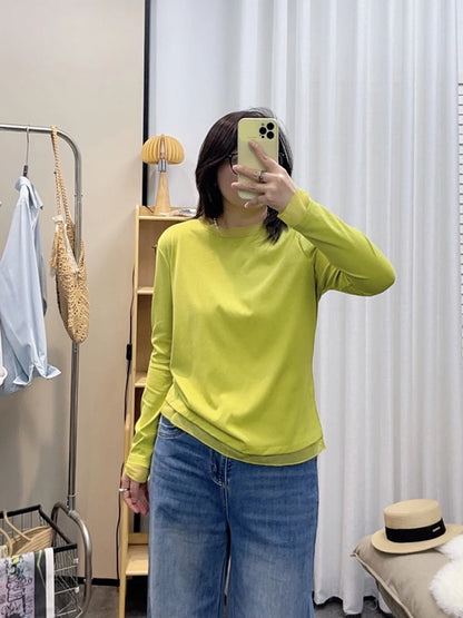 Spring New plus Size round Neck Mesh Splice Loose Long Sleeve Base Shirt Women Fat MM Slimming Belly Cover Simple T-shirt