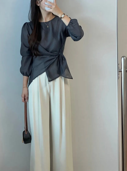 Spring 2026 Chic Korean Style Women's Long Sleeve round Neck Overhead Shirt Loose Fit Slimming Versatile Fashionable Top