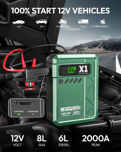 YESPER 2000A Jump Starter with 150PSI Air Compressor, Portable Car Battery Booster & Tire Inflator, Emergency LED Screen
