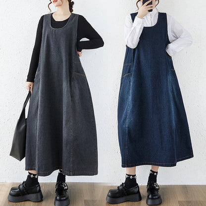 Artistic Loose Long Denim Vest Skirt Women's High Waist over Knee Slimming Cotton Casual Style Floral Embroidery Autumn Wear