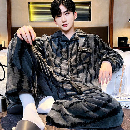 Men's Sleepwear Coral Fleece Flannel Thick Warm Cardigan Home Clothes Autumn Winter Long Sleeve Button up Comfortable Pajamas