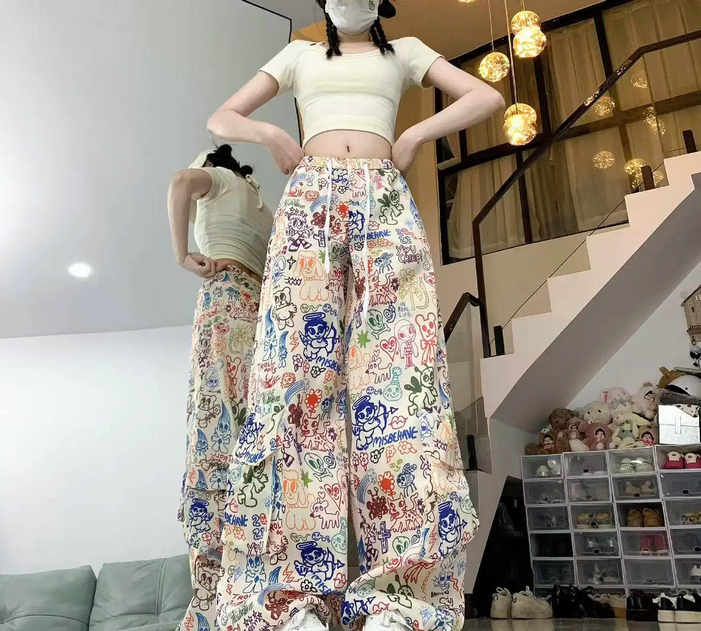 Y2K Cartoon Graffiti Wide Leg Pants - Colorful Print Drawstring High Waist Loose Streetwear Trousers for Women