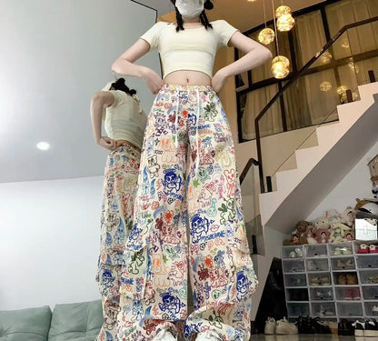 Y2K Cartoon Graffiti Wide Leg Pants - Colorful Print Drawstring High Waist Loose Streetwear Trousers for Women