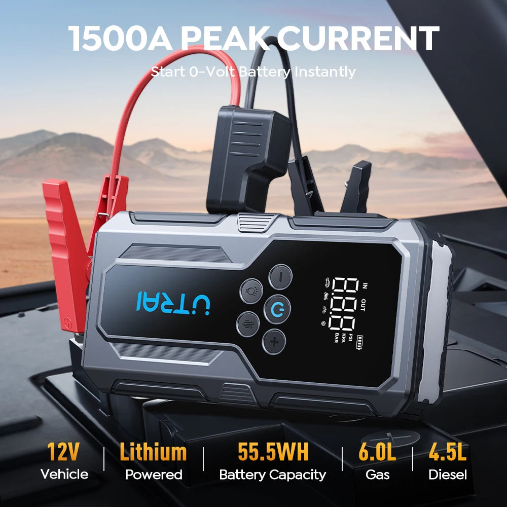 UTRAI 4 in 1 1500A Jump Starter JS-9 For 12V Car 150PSI Air Inflatable Pump Air Compressor Portable Power Bank Emergency Booster