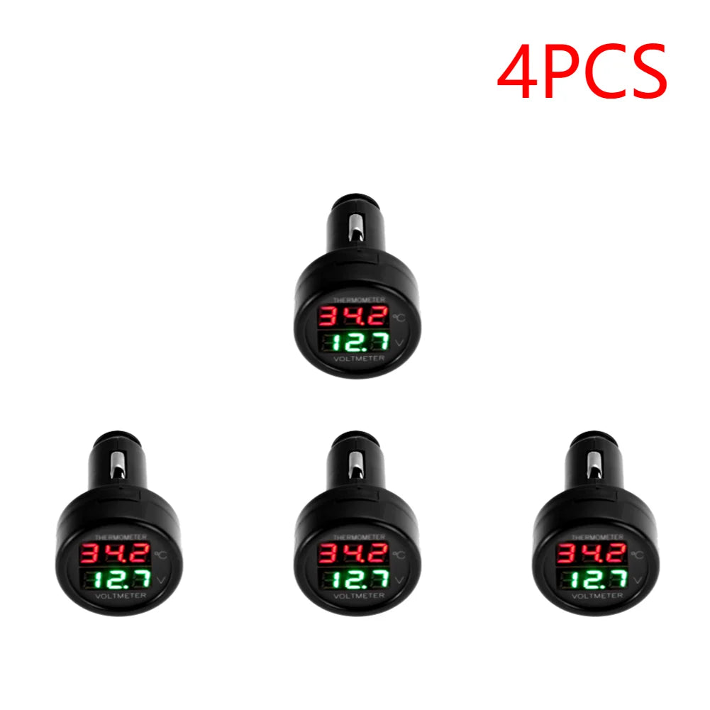 2 IN 1 12V 24V Car Voltmeter Thermometer Cigarette Lighter Car Battery Monitor LED Digital Dual Display For Cars Trucks RVs Boat