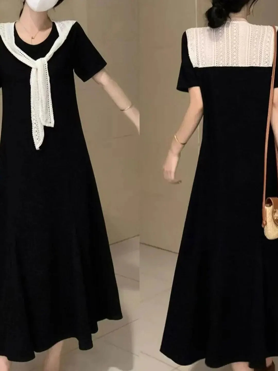 Naval Collar Lace Trim Slimming Long Dress French Style Loose Fit Mommy's Summer Dress mid Waist Design Casual  Knot