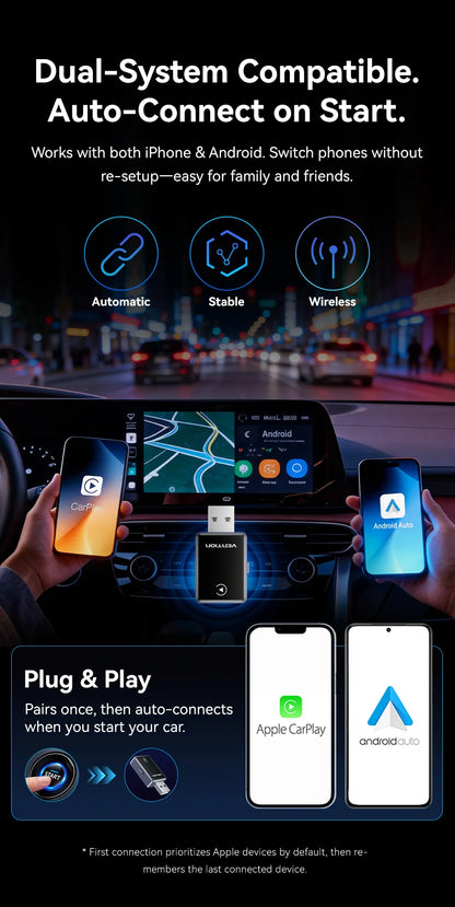Vention 2in1 Wireless CarPlay Adapter Android Auto For OEM Car Plug and Play AI Smart Box WiFi Bluetooth Auto Connection