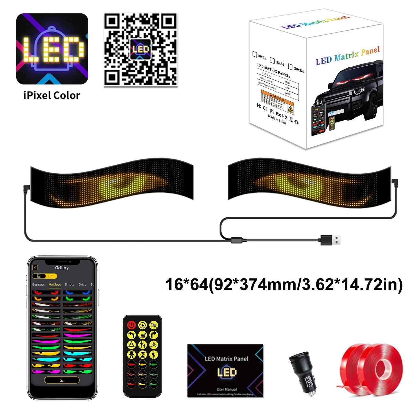 1/2PCS Devil Eyes Light USB-Powered LED Matrix Panel DIY Programmable Flexible LED Screen with App Control for Cars Windshield