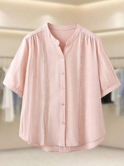 Slimming Short Sleeve Shirt for plus Size Women Stylish French Style Loose Fit Summer Top Single Button Closure Regular Length