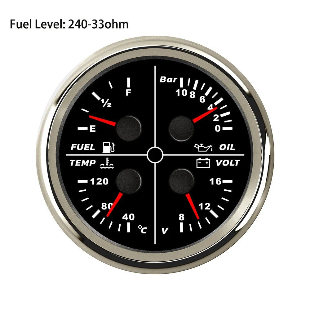ELING Waterproof Auto Marine 85mm 4 in 1 Gauge Oil Pressure Water Temp Fuel Level Voltmeter for Motorcycle 8-16V