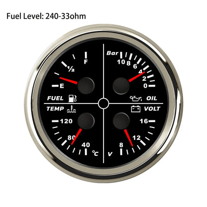 ELING Waterproof Auto Marine 85mm 4 in 1 Gauge Oil Pressure Water Temp Fuel Level Voltmeter for Motorcycle 8-16V