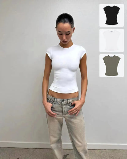 Tank Basic Slim-Fit Round-Neck T-Shirt, High-Elastic Slim-Fit Slimming Hot Girl Style Short Top, Versatile Hot Girl Style Everyday Outerwear Top, High-Elastic Slim-Fit T-Shirt