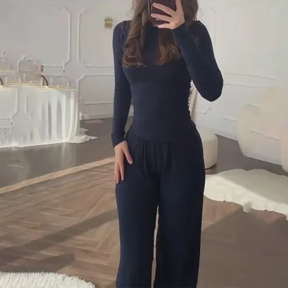 Women's Fashionable round Neck Long Sleeve Elastic Waist Pants Set Casual Style Two-Piece Suit Autumn Collection Trendy Outfit