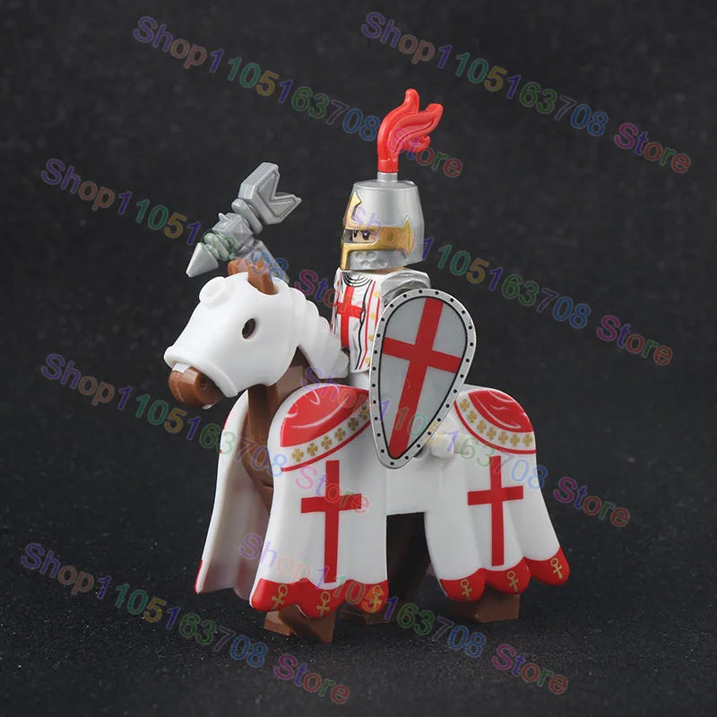 MOC Medieval Military Crusader Knight Building Blocks Castle Army Soldier Figure Horse Mount Shield Sword Accessories Bricks Toy