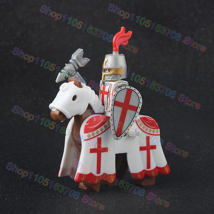MOC Medieval Military Crusader Knight Building Blocks Castle Army Soldier Figure Horse Mount Shield Sword Accessories Bricks Toy